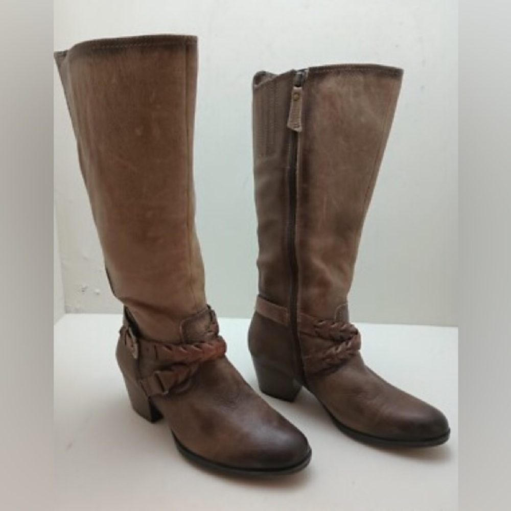 Earth Orchard leather riding boots in taupe with braided accent